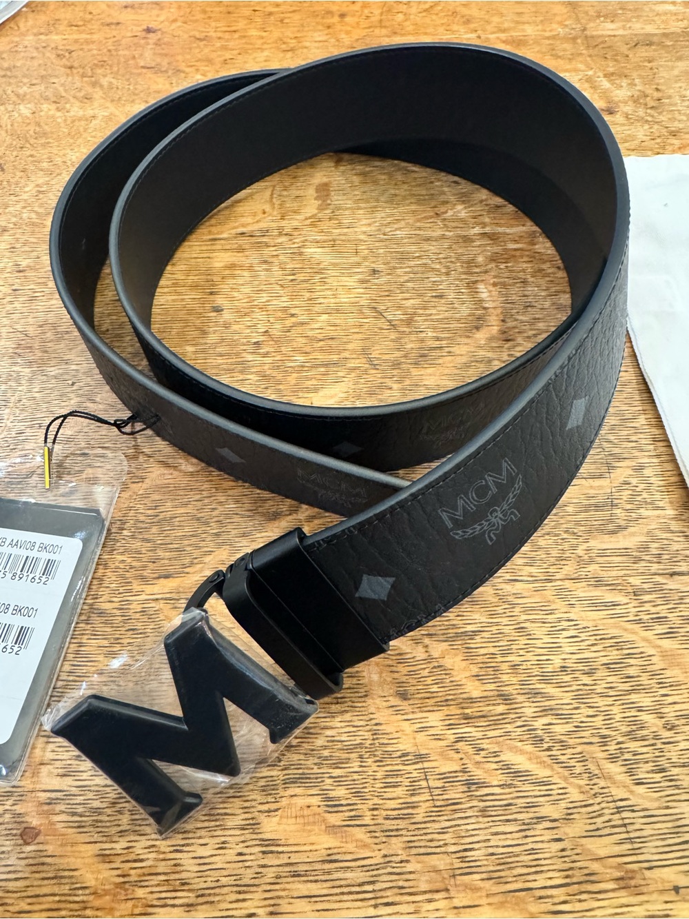 MCM Black Monogram Leather Belt with Matte Black M Buckle